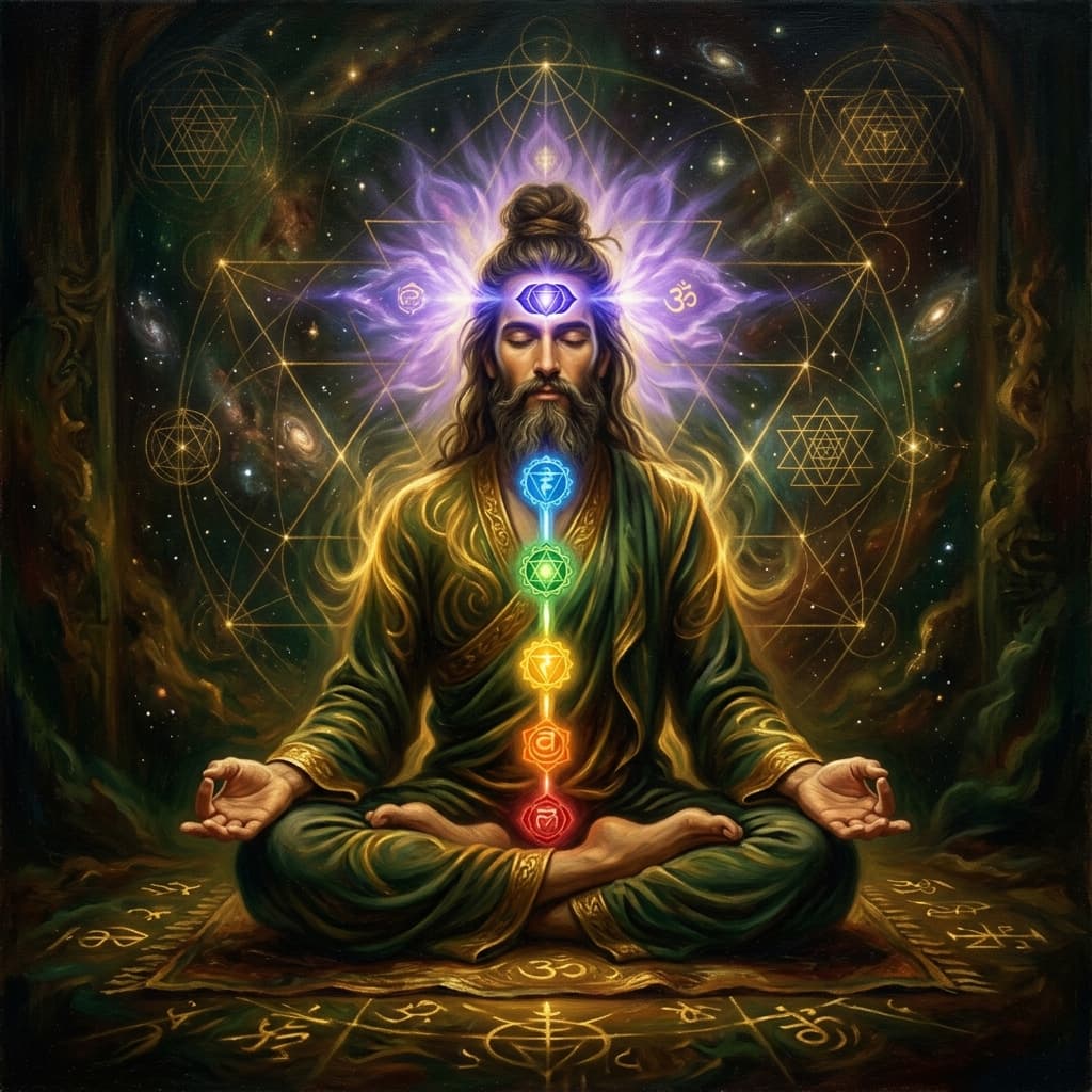 A mystical oil painting of a meditating yogi with glowing energy body and chakras, symbolizing the psychological depth of Tantra Yoga.