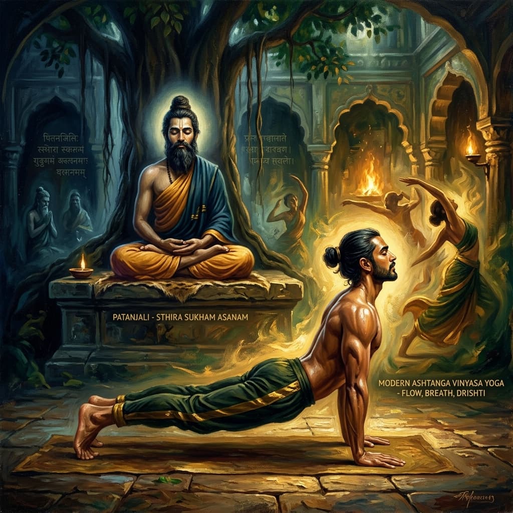 A premium oil painting representing the differences between classical Ashtanga Yoga and modern Ashtanga Vinyasa Yoga, with a meditating yogi in the background and a flowing yogi in the foreground.