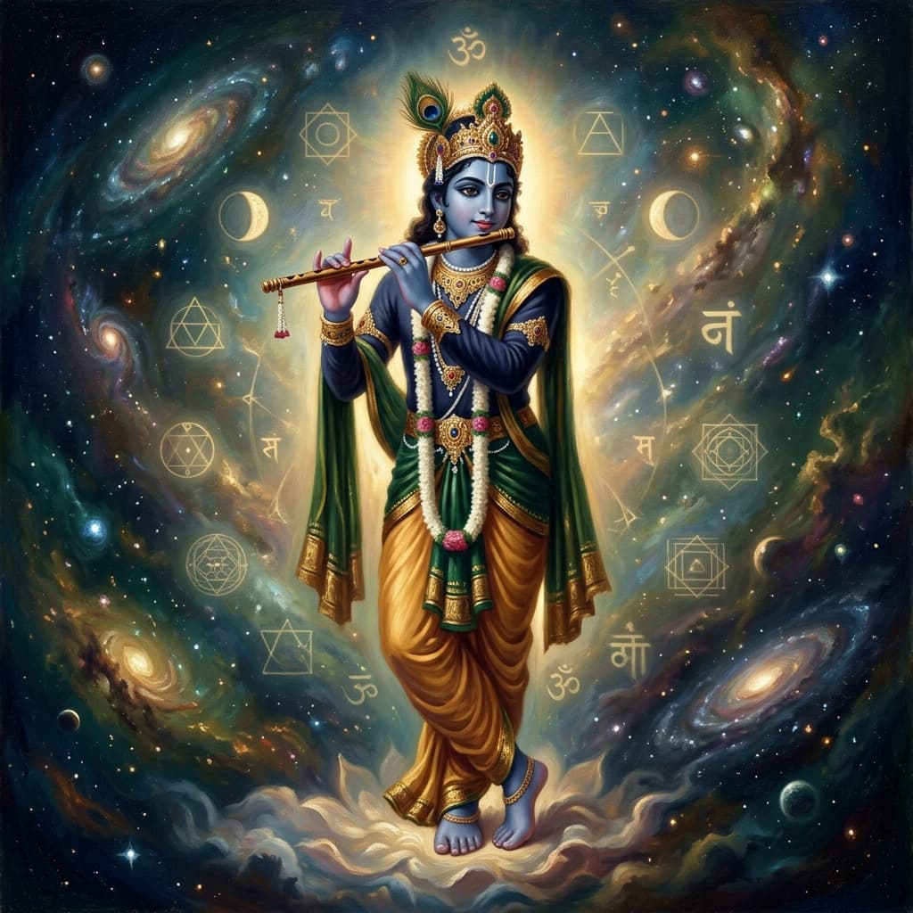 A premium oil painting of Lord Krishna as the cosmic teacher holding a flute, radiating a golden aura (Brahmavarchas) against a starry galaxy.