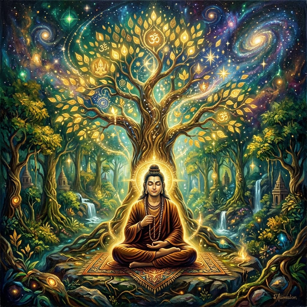 A premium oil painting representing the Law of Attraction in Indic Wisdom, showing a meditating yogi under a golden tree of life.
