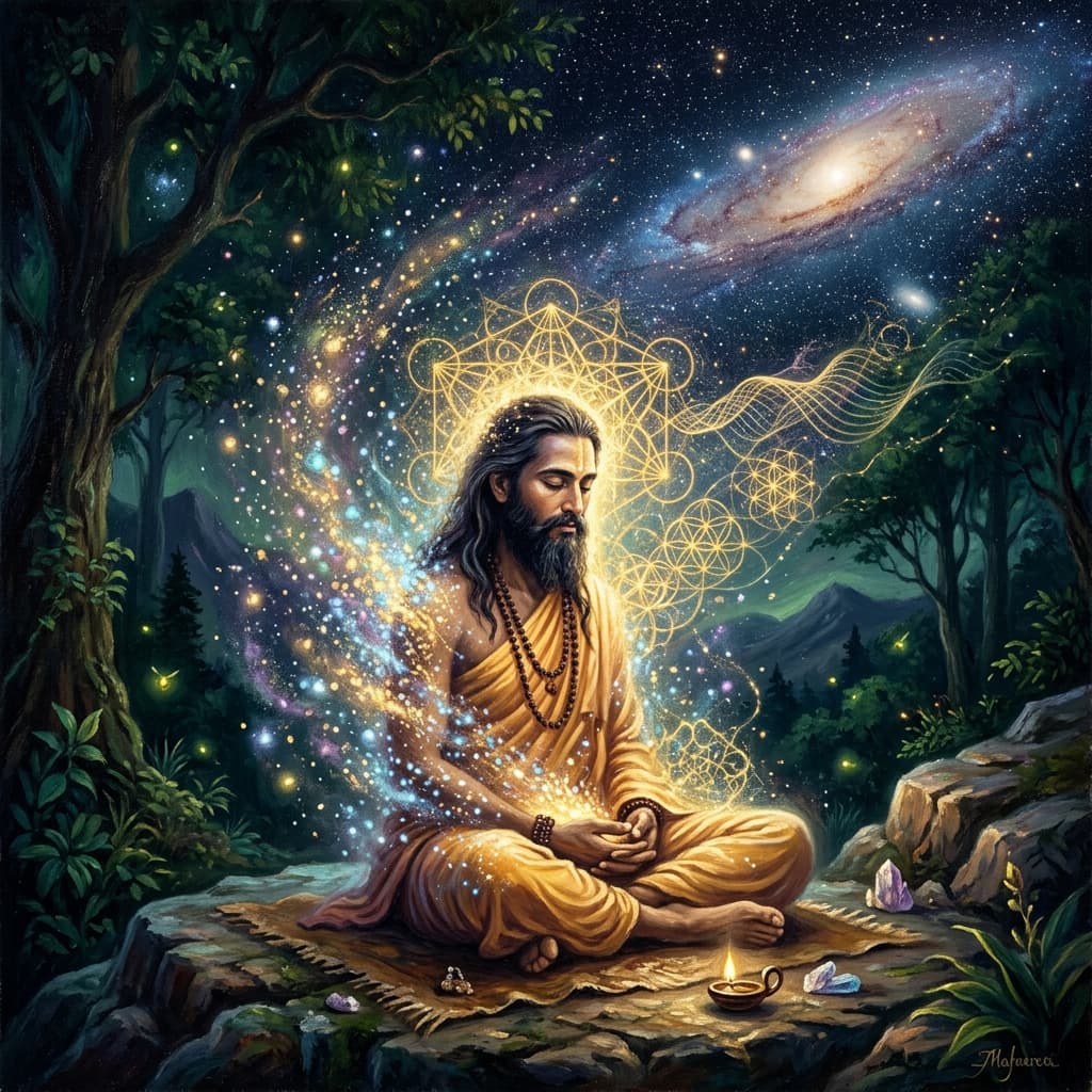 A mystical oil painting representing the dissolution of limited identities in meditation, with a yogi merging into cosmic light and geometric waves.
