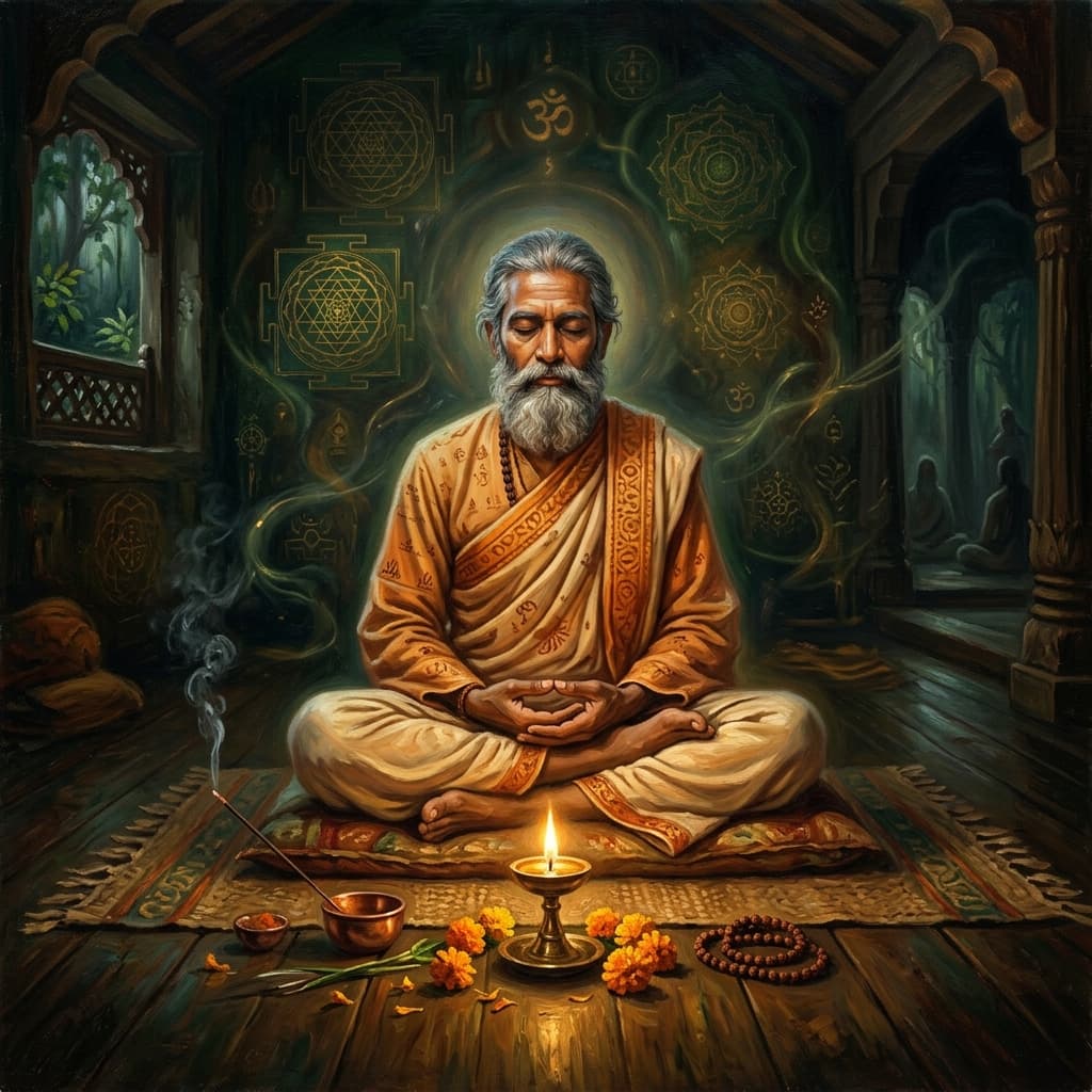 A detailed oil painting of a yogi in orange robes meditating calmly, symbolizing Tantra Yoga mindfulness and the light of consciousness.