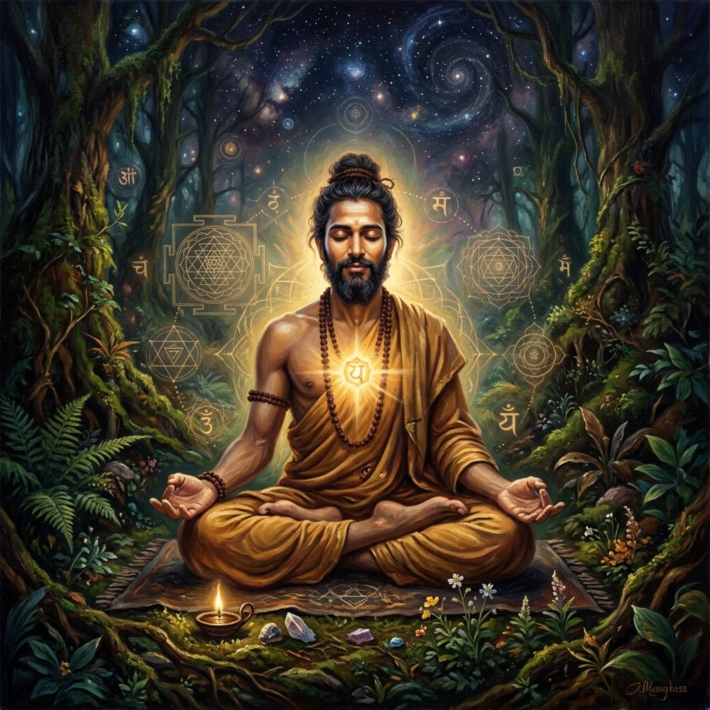 A detailed oil painting of a meditating yogi with subtle glowing sacred geometry, representing the inner science of Tantra Yoga.