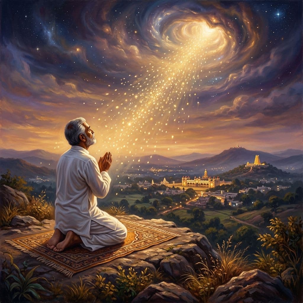 A premium oil painting representing devotion and self-evolution, showing a kneeling devotee looking up towards a gentle, cosmic shower of golden light.