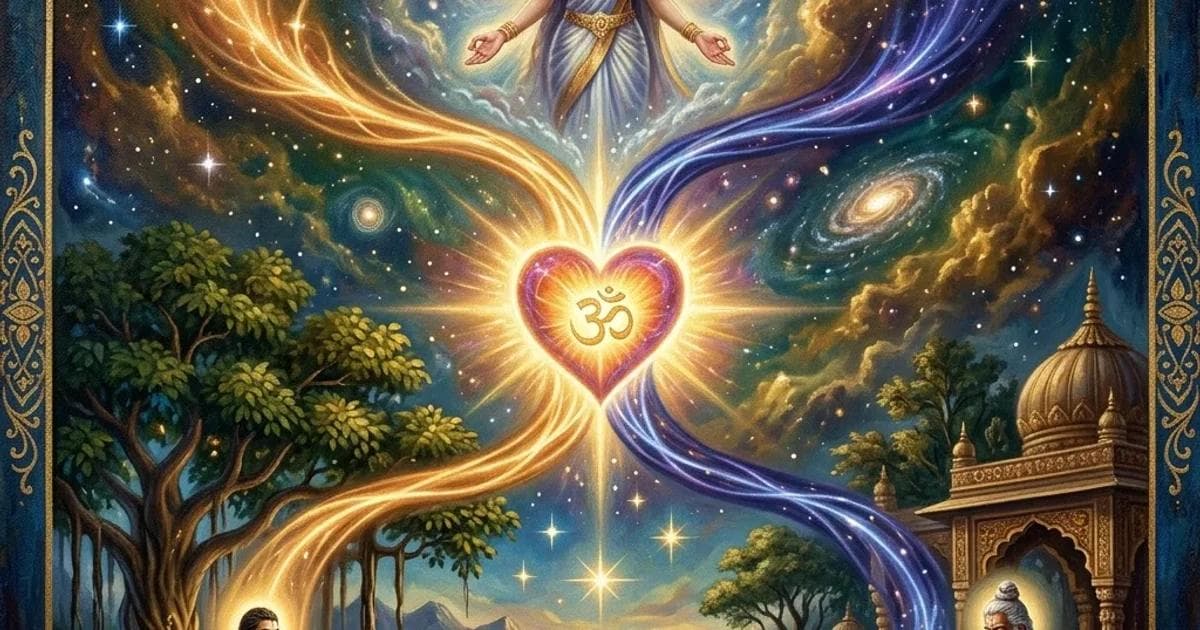 A premium oil painting representing the integration of Vedanta and Yoga, showing a glowing heart symbol with intersecting pathways of light.