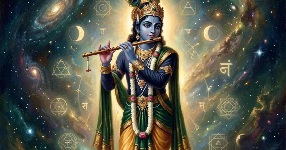 A premium oil painting of Lord Krishna as the cosmic teacher holding a flute, radiating a golden aura (Brahmavarchas) against a starry galaxy.
