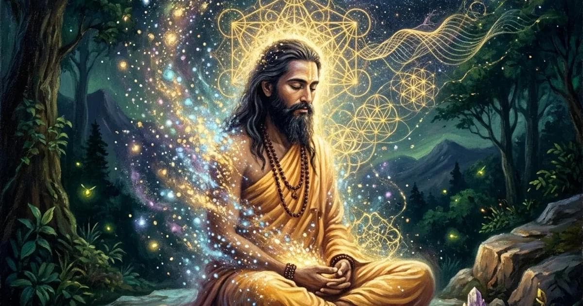 A mystical oil painting representing the dissolution of limited identities in meditation, with a yogi merging into cosmic light and geometric waves.