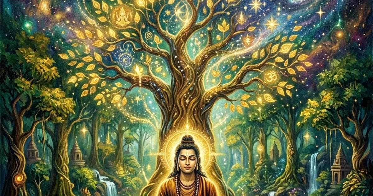 A premium oil painting representing the Law of Attraction in Indic Wisdom, showing a meditating yogi under a golden tree of life.