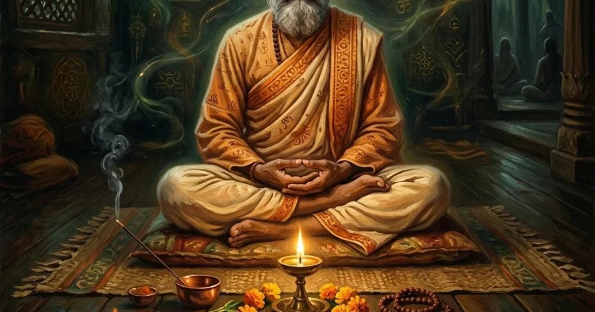 A detailed oil painting of a yogi in orange robes meditating calmly, symbolizing Tantra Yoga mindfulness and the light of consciousness.