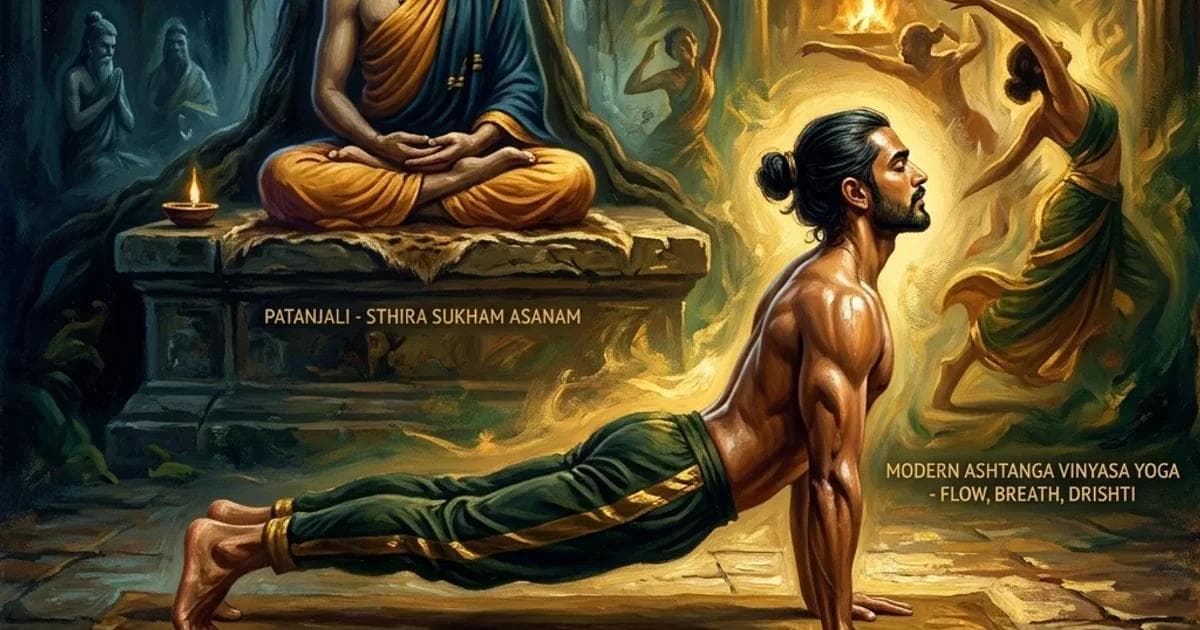 A premium oil painting representing the differences between classical Ashtanga Yoga and modern Ashtanga Vinyasa Yoga, with a meditating yogi in the background and a flowing yogi in the foreground.