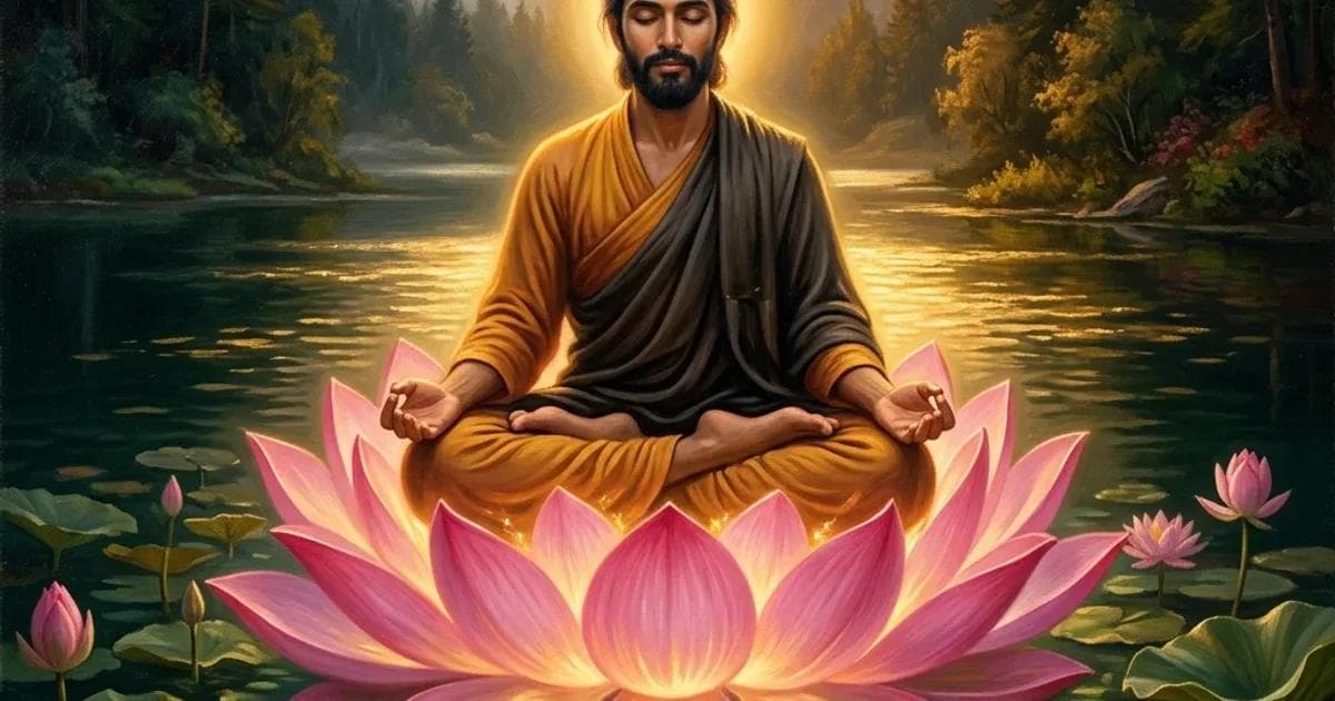 A premium oil painting representing Padmasana and the Life Lotus, showing a serene meditating yogi sitting in the perfect Lotus Pose on a large blooming lotus.