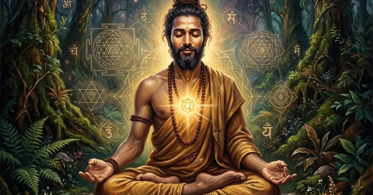 A detailed oil painting of a meditating yogi with subtle glowing sacred geometry, representing the inner science of Tantra Yoga.