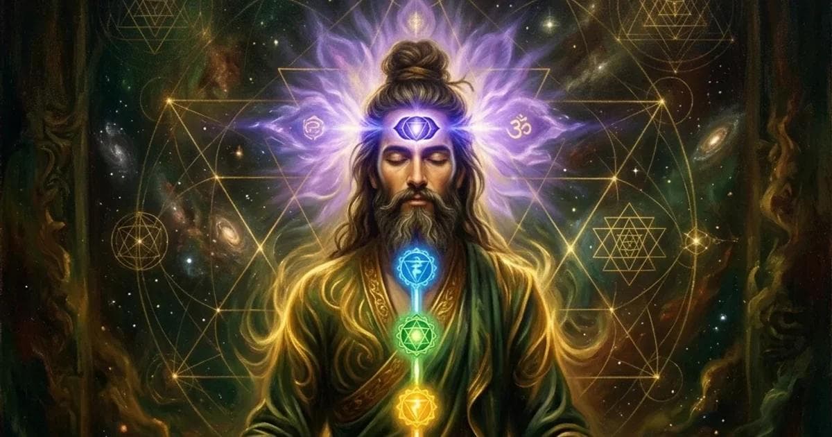 A mystical oil painting of a meditating yogi with glowing energy body and chakras, symbolizing the psychological depth of Tantra Yoga.