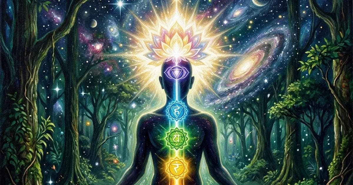 A detailed oil painting representing the seven stages of consciousness, showing a meditating yogi with glowing energy centers ascending to a brilliant halo of light.